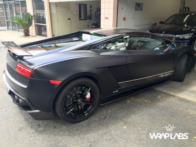 Lamborghini Gallardo Superleggera Matte Black Vinyl Wrap Italian Flag Stripe Rear Three Quarter, by Wrap Labs, Westlake Village