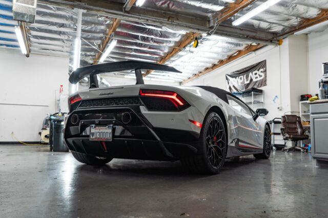 Lamborghini Huracan Performante Grey PPF Carbon Wing Rear Low Angle WrapLabs Shop Indoor, by Wrap Labs, Westlake Village