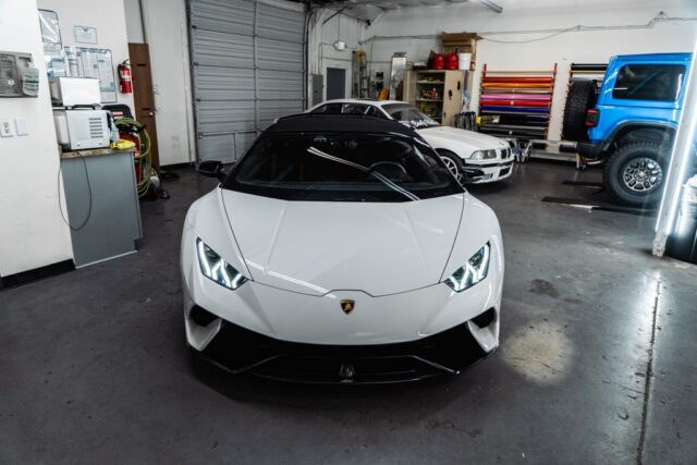 Lamborghini Huracan Performante White PPF Black Roof Front Head On WrapLabs Shop Indoor, by Wrap Labs, Westlake Village