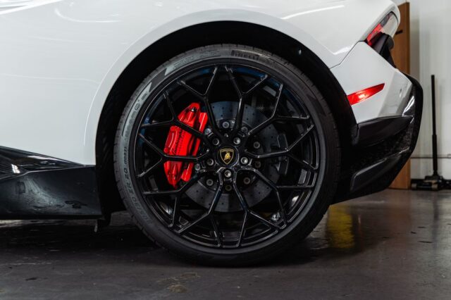Lamborghini Huracan Performante White PPF Rear Wheel Red Brake Caliper Pirelli Tire Detail, by Wrap Labs, Westlake Village