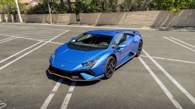 Lamborghini Huracan STO Blue Orange Accent PPF Front 3Quarter Parking Lot, by Wrap Labs, Westlake Village