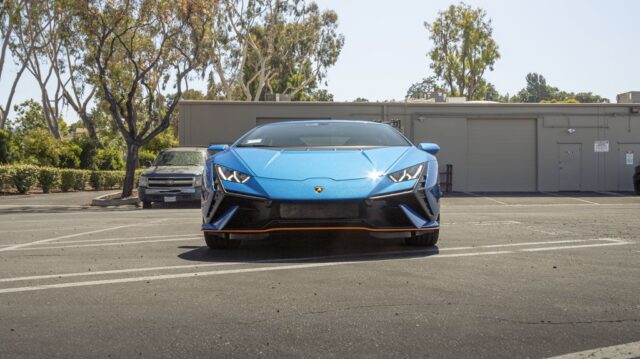 Lamborghini Huracan STO Blue Orange Accent PPF Front Head On Parking Lot, by Wrap Labs, Westlake Village