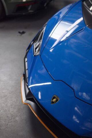 Lamborghini Huracan STO Blue Orange Accent PPF Front Hood Nose Badge Detail Shop, by Wrap Labs, Westlake Village