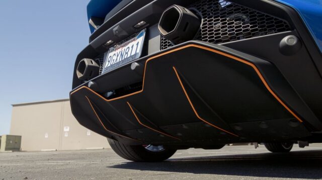 Lamborghini Huracan STO Blue Orange Accent PPF Rear Diffuser Low Angle Detail, by Wrap Labs, Westlake Village