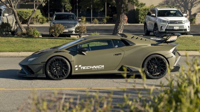 Lamborghini Huracan STO Matte Army Green Technica Vinyl Wrap Side Profile Street Alt, by Wrap Labs, Westlake Village