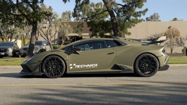 Lamborghini Huracan STO Matte Army Green Technica Vinyl Wrap Side Profile Street, by Wrap Labs, Westlake Village