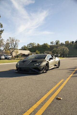 Lamborghini Huracan STO Matte Army Green Vinyl Wrap Front 3Quarter Street Golden Hour, by Wrap Labs, Westlake Village