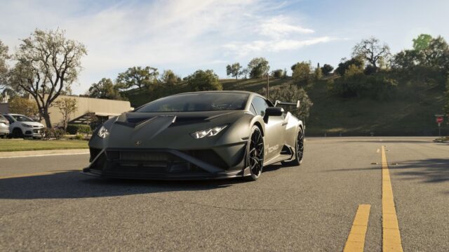 Lamborghini Huracan STO Matte Army Green Vinyl Wrap Front 3Quarter Street Low Angle, by Wrap Labs, Westlake Village