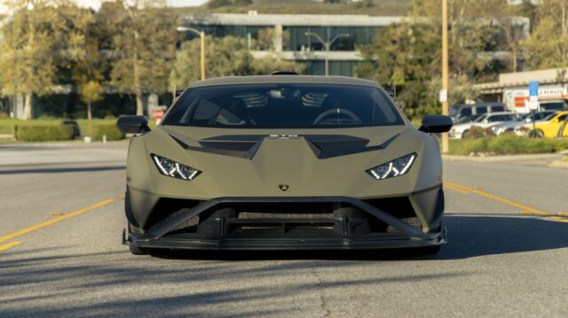 Lamborghini Huracan STO Matte Army Green Vinyl Wrap Front Head On Street Parking Lot, by Wrap Labs, Westlake Village