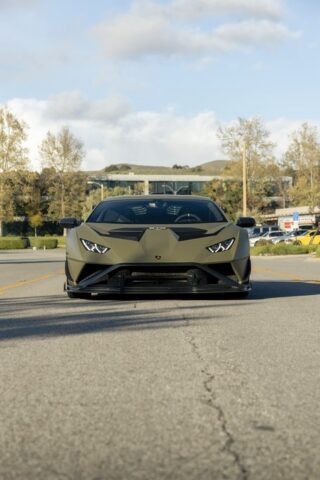 Lamborghini Huracan STO Matte Army Green Vinyl Wrap Front Head On Street Vertical, by Wrap Labs, Westlake Village
