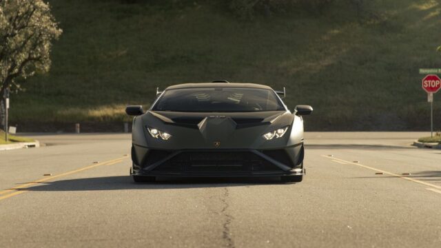 Lamborghini Huracan STO Matte Army Green Vinyl Wrap Front Head On Street, by Wrap Labs, Westlake Village