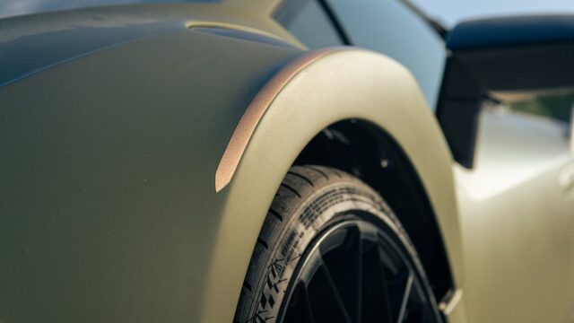 Lamborghini Huracan STO Matte Army Green Vinyl Wrap Rear Fender Wheel Arch Bronze Accent Detail, by Wrap Labs, Westlake Village