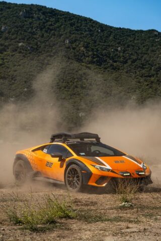 Lamborghini Huracan Sterrato Orange Vinyl Wrap Front Action Dust Mountain, by Wrap Labs, Westlake Village