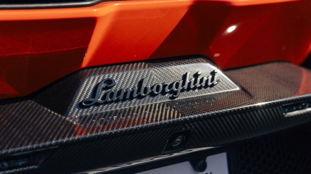 Lamborghini Revuelto Orange PPF Carbon Fiber Rear Diffuser Badge Detail, by Wrap Labs, Westlake Village