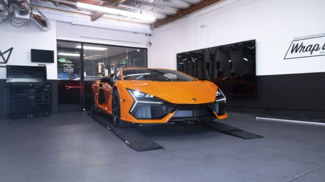 Lamborghini Revuelto Orange PPF In Shop Front, by Wrap Labs, Westlake Village