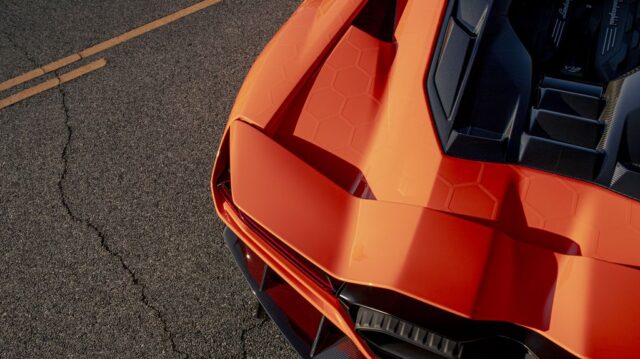 Lamborghini Revuelto Orange PPF Rear Wing Engine Bay Aerial Detail, by Wrap Labs, Westlake Village