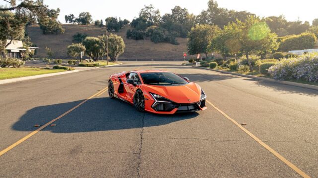 Lamborghini Revuelto Orange Paint Protection Film Front Street Golden Hour, by Wrap Labs, Westlake Village