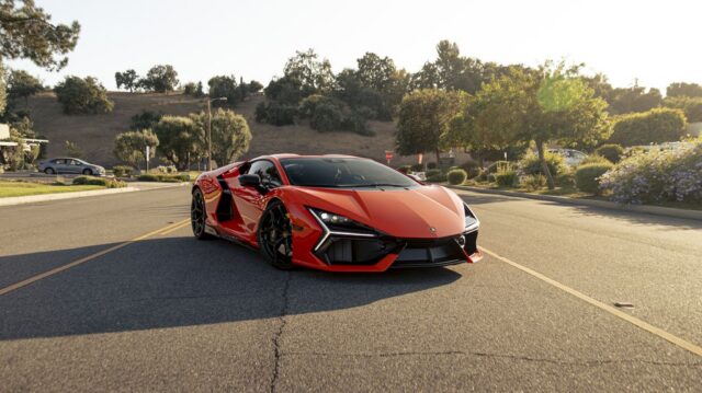 Lamborghini Revuelto Red Orange Paint Protection Film Front 3Quarter Street Golden Hour, by Wrap Labs, Westlake Village