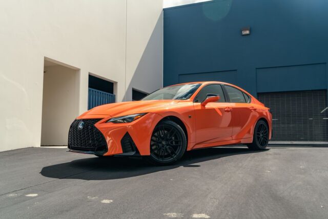 Lexus IS500 F Sport Orange Vinyl Wrap Front 3Quarter, by Wrap Labs, Westlake Village