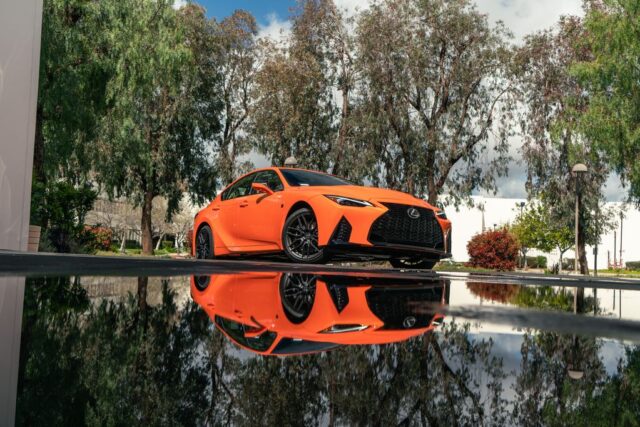 Lexus IS500 F Sport Orange Vinyl Wrap Front Reflection, by Wrap Labs, Westlake Village