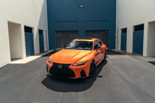 Lexus IS500 F Sport Orange Vinyl Wrap Front, by Wrap Labs, Westlake Village