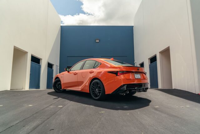 Lexus IS500 F Sport Orange Vinyl Wrap Rear 3Quarter, by Wrap Labs, Westlake Village