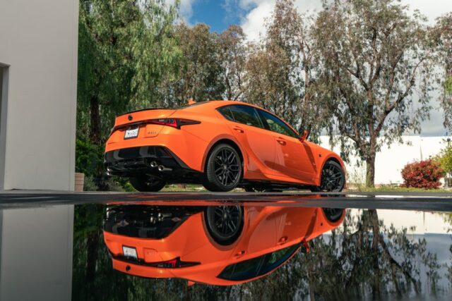 Lexus IS500 F Sport Orange Vinyl Wrap Rear Reflection, by Wrap Labs, Westlake Village