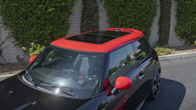 MINI Cooper JCW Black Red Roof Mirror Vinyl Wrap Aerial Roof Detail Hedge Wall, by Wrap Labs, Westlake Village
