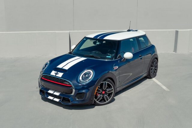 MINI Cooper JCW Blue White Racing Stripes Vinyl Wrap Front Three Quarter, by Wrap Labs, Westlake Village