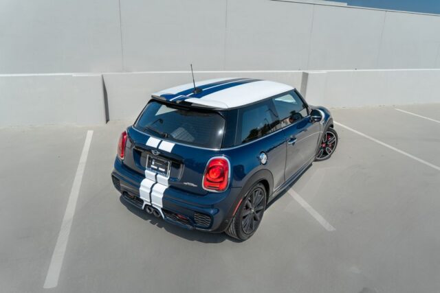 MINI Cooper JCW Blue White Racing Stripes Vinyl Wrap Rear Three Quarter, by Wrap Labs, Westlake Village