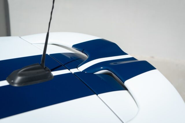 MINI Cooper JCW Blue White Racing Stripes Vinyl Wrap Roof Detail, by Wrap Labs, Westlake Village