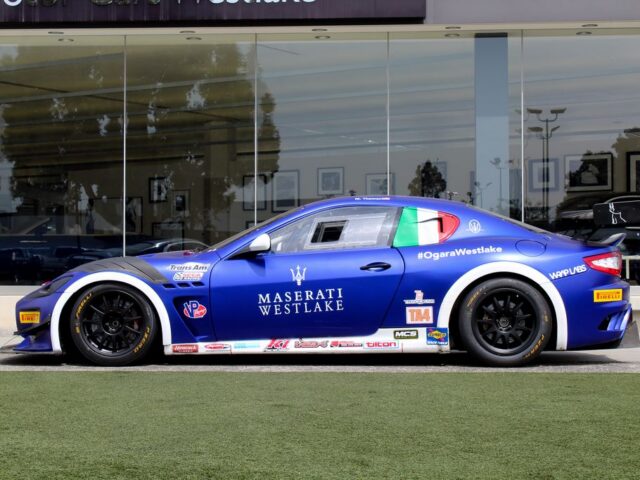 Maserati GranTurismo Blue Race Vinyl Wrap Trans Am SCCA Side Profile Dealership, by Wrap Labs, Westlake Village
