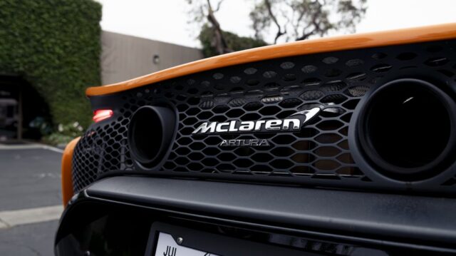 McLaren Artura Orange PPF Rear Exhaust Badge Detail, by Wrap Labs, Westlake Village