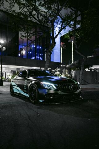 Mercedes AMG C63 Matte Black Teal Vinyl Wrap Front Night, by Wrap Labs, Westlake Village