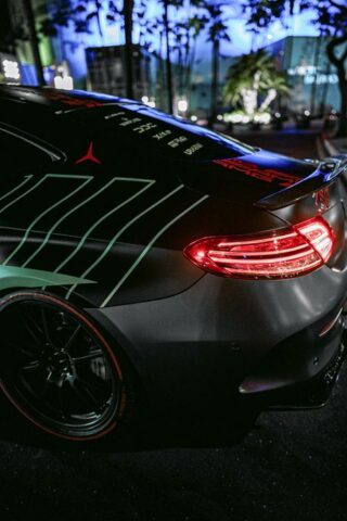 Mercedes AMG C63 Matte Black Teal Vinyl Wrap Rear Night, by Wrap Labs, Westlake Village
