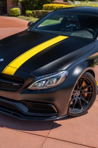 Mercedes AMG C63 S Matte Black Yellow Stripe Vinyl Wrap Hood Front Detail, by Wrap Labs, Westlake Village