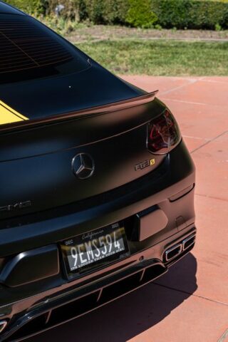 Mercedes AMG C63 S Matte Black Yellow Stripe Vinyl Wrap Rear Taillight Spoiler Detail, by Wrap Labs, Westlake Village