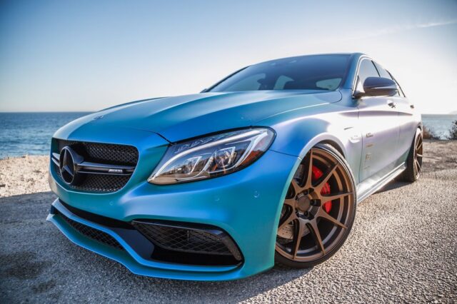 Mercedes AMG C63 Teal Blue Vinyl Wrap Front 3Quarter Oceanside, by Wrap Labs, Westlake Village
