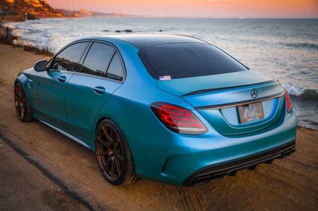 Mercedes AMG C63 Teal Blue Vinyl Wrap Rear 3Quarter Oceanside Sunset, by Wrap Labs, Westlake Village