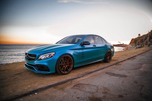 Mercedes AMG C63 Teal Blue Vinyl Wrap Side Profile Oceanside Sunset, by Wrap Labs, Westlake Village
