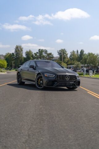 Mercedes AMG GT 63 S Grey Matte Vinyl Wrap Front Head On Street, by Wrap Labs, Westlake Village