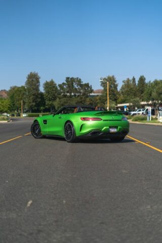 Mercedes AMG GT R Roadster Green Hell Magno PPF Rear Three Quarter Convertible Top Down, by Wrap Labs, Westlake Village