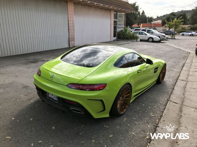 Mercedes AMG GT S Neon Lime Green Vinyl Wrap Gold Wheels Rear Three Quarter WrapLabs Shop, by Wrap Labs, Westlake Village