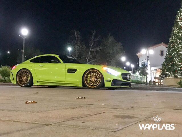 Mercedes AMG GT S Neon Lime Green Vinyl Wrap Gold Wheels Side Profile Night Christmas Tree, by Wrap Labs, Westlake Village
