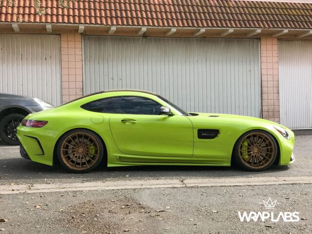 Mercedes AMG GT S Neon Lime Green Vinyl Wrap Gold Wheels Side Profile WrapLabs Shop, by Wrap Labs, Westlake Village