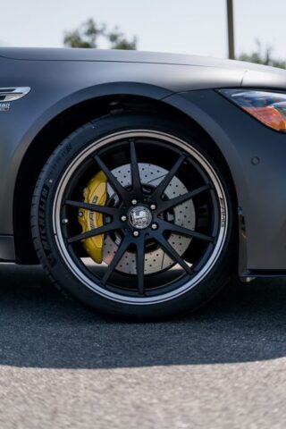 Mercedes AMG GT63S Matte Grey Vinyl Wrap Front Wheel Yellow Brake Detail, by Wrap Labs, Westlake Village