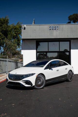 Mercedes EQS White Black Two Tone Vinyl Wrap Full Car Front Three Quarter, by Wrap Labs, Westlake Village