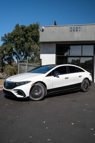 Mercedes EQS White Black Two Tone Vinyl Wrap Full Car Front Three Quarter Street, by Wrap Labs, Westlake Village