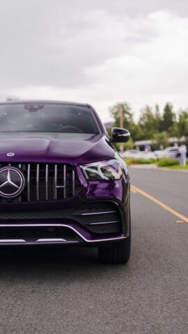 Mercedes GLE 53 Coupe Purple Gloss Vinyl Wrap Front Grille Headlight Close Up, by Wrap Labs, Westlake Village
