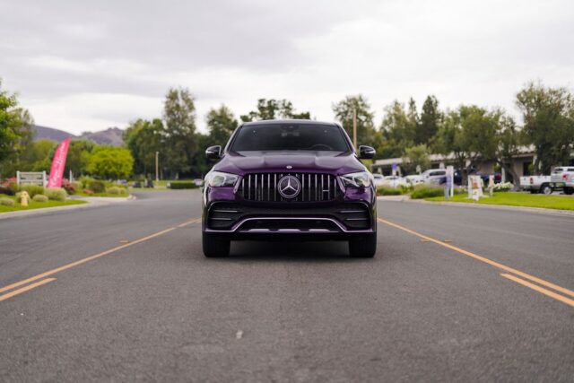 Mercedes GLE 53 Coupe Purple Gloss Vinyl Wrap Front Head On Street, by Wrap Labs, Westlake Village
